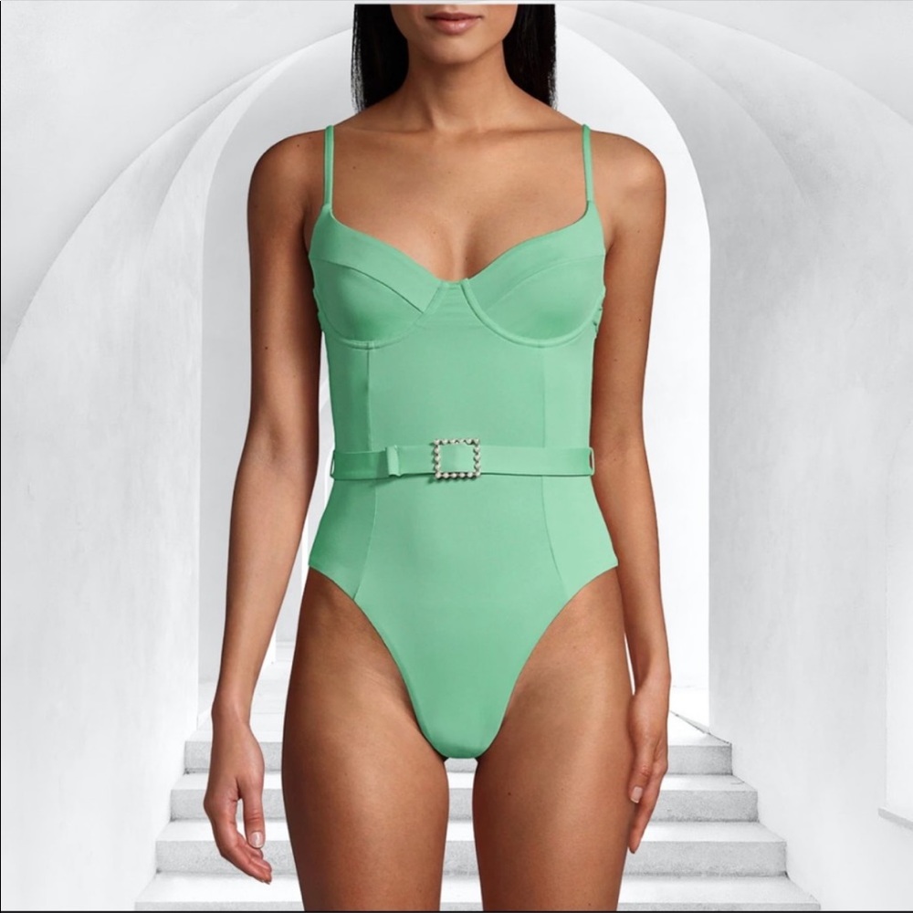 WeWoreWhat Danielle Belted One Piece Swimsuit in Crème De Menthe
